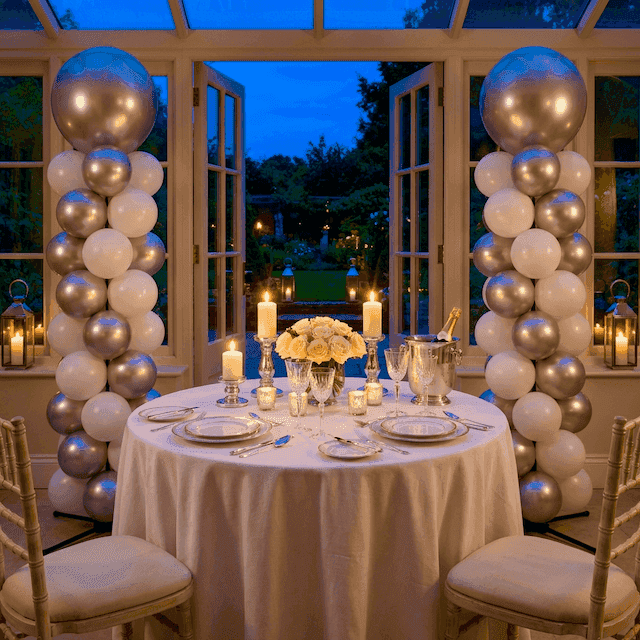 Elegante Ballondekoration für Hochzeitsjubiläum mit goldenen und silbernen Säulen