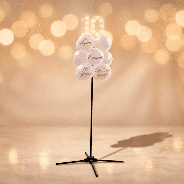 Roségold und weiße stehende Ballontraube mit leuchtenden LED-Ziffern 10 als Topper auf dunklem Hintergrund