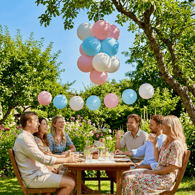 Pastellfarbene Jubiläumsdekoration im Garten bei sommerlichem Hochzeitsjubiläum mit Sonnenschein