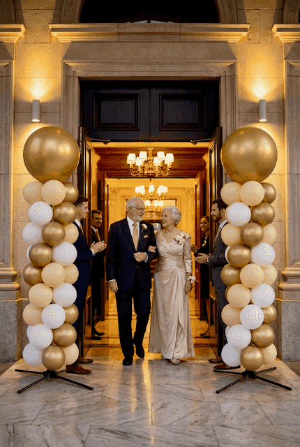 Goldene Ballonsäulen am Eingang der Feierlichkeit für 50 Jahre verheiratet Goldene Hochzeit