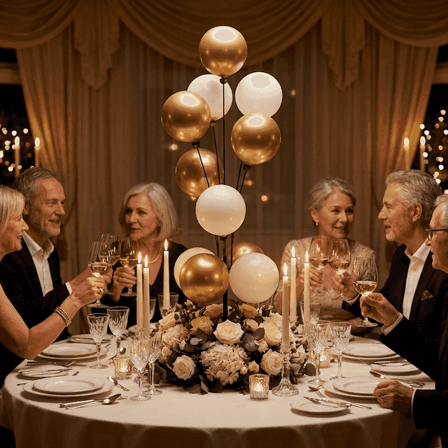 Goldene und weiße Ballonfontänen als elegante Tischdekoration bei intimem Jubiläumsdinner bei Kerzenlicht