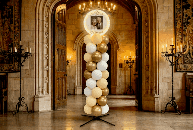 Silberne Ballonsäule mit rundem Topboard mit Jubiläumsnamen und Foto in einem elegant beleuchteten Festsaal