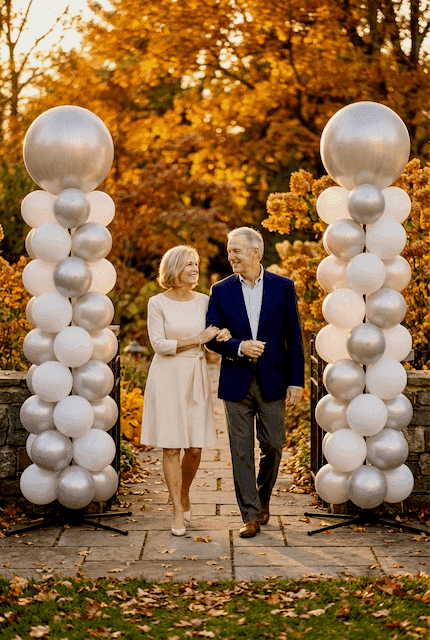 Silberne und weiße Ballonsäulen am Außeneingang für 25 Jahre verheiratet Feier im Garten bei Herbstlicht