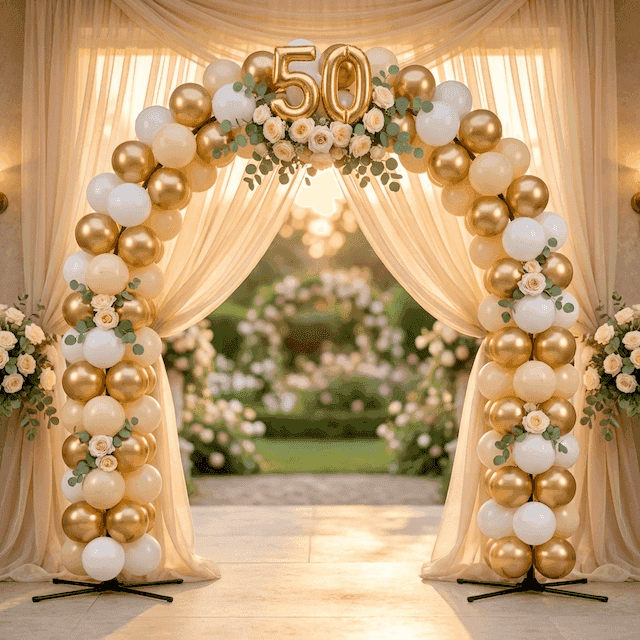 PilaMania Ballonbogen dekoriert für 50 Jahre verheiratet Goldene Hochzeit mit goldenem Band, Champagner-Organza und cremeweißen Rosen