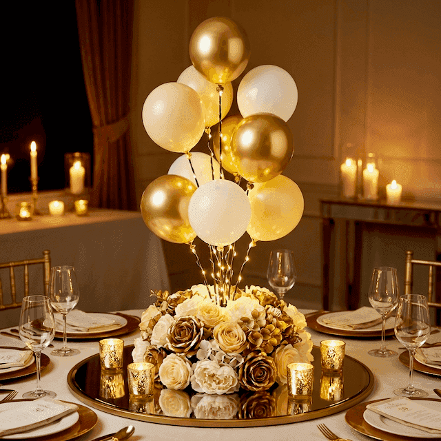 PilaMania Ballon Signagedisplay als goldenes Centerpiece mit LED-Lichtern und goldenen Blumen für 50 Jahre verheiratet Goldene Hochzeit