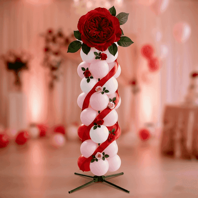 PilaMania Ballonsäule dekoriert für 10 Jahre verheiratet Rosenhochzeit mit roten Rosen, rotem Satinband und Rosenknospen