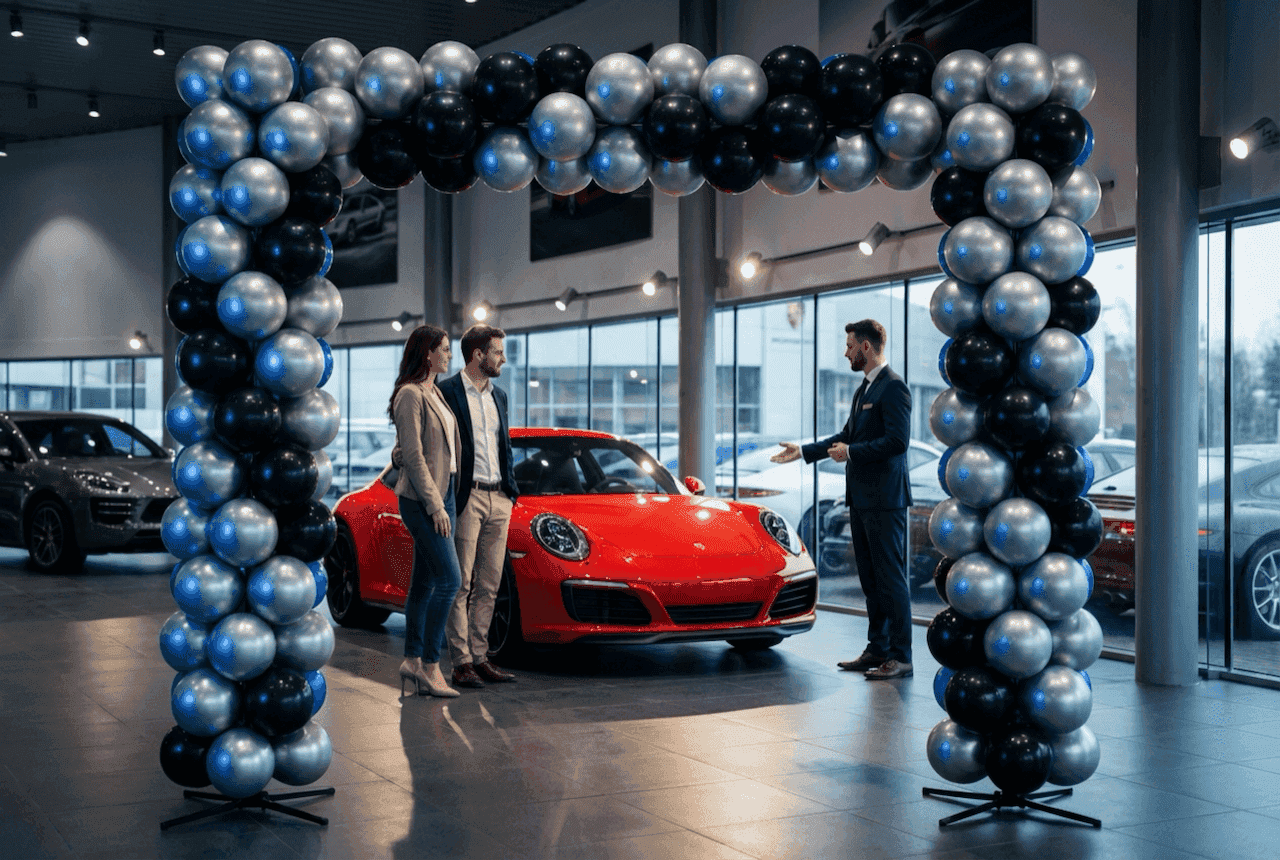 PilaMania Ballontor im Autohaus mit Kunden, die neues Auto bewundern