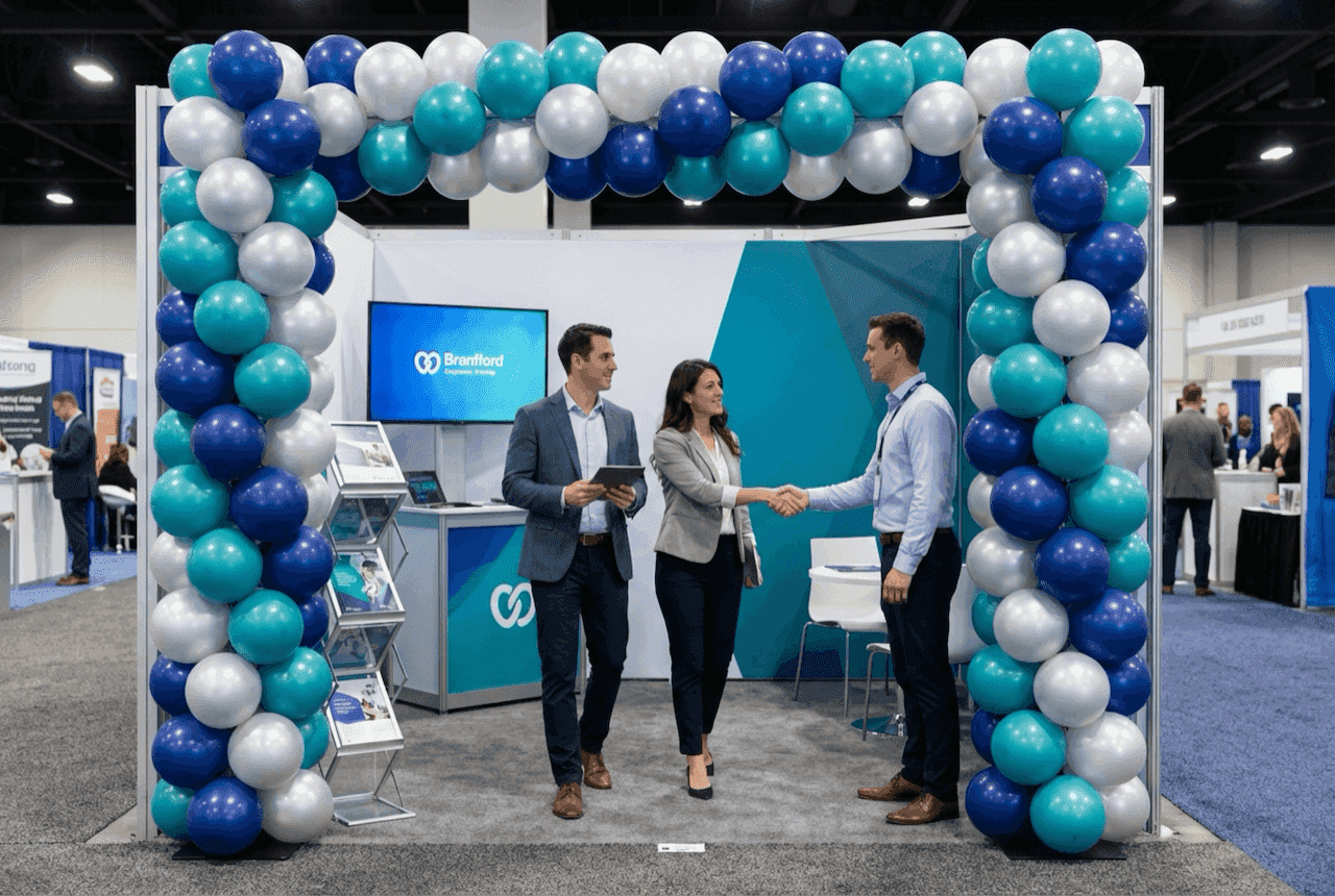 PilaMania Ballonbogen als professioneller Standeingang auf Fachmesse