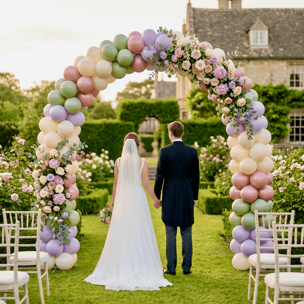 PilaMania Ballonbogen mit Blumen bei englischer Gartenhochzeit mit Brautpaar