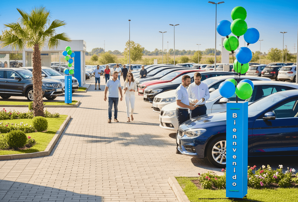Zwei Ballonsäulen mit blauen und grünen Ballons auf einem sonnigen Gebrauchtwagengelände voller Autos