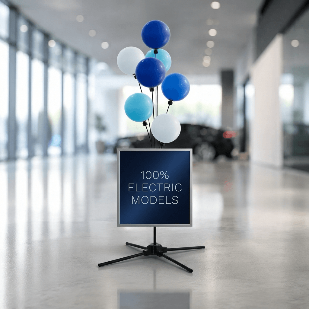 Ballon-Kundenstopper mit blauen und weißen Ballons über einer Tafel mit dem Text 100% Electric Models, in einem Autohaus-Showroom