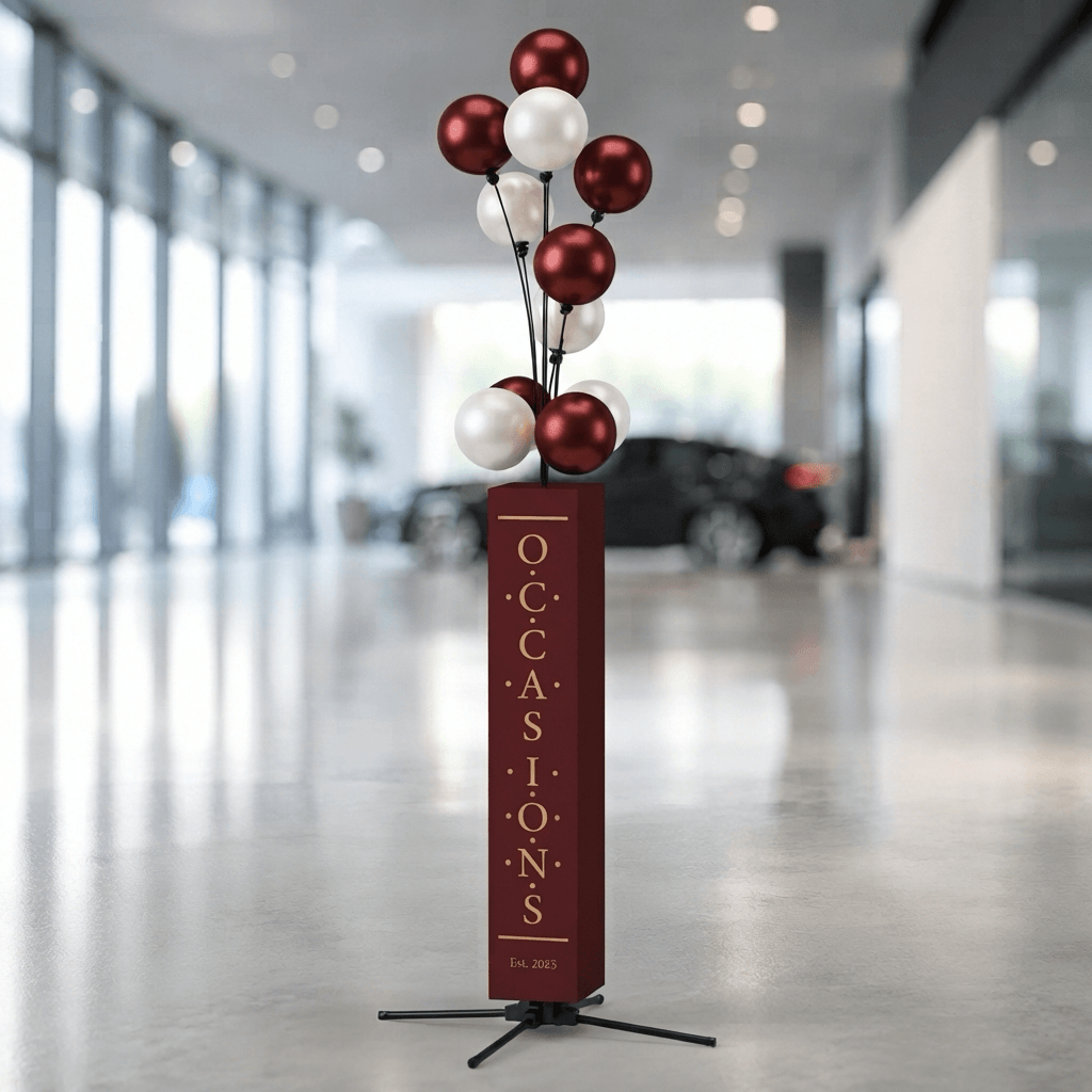 Ballon-Kundenstopper mit bordeauxroter Stangenabdeckung mit dem Text Occasions und bordeauxroten und weißen Ballons, in einem Autohaus-Showroom