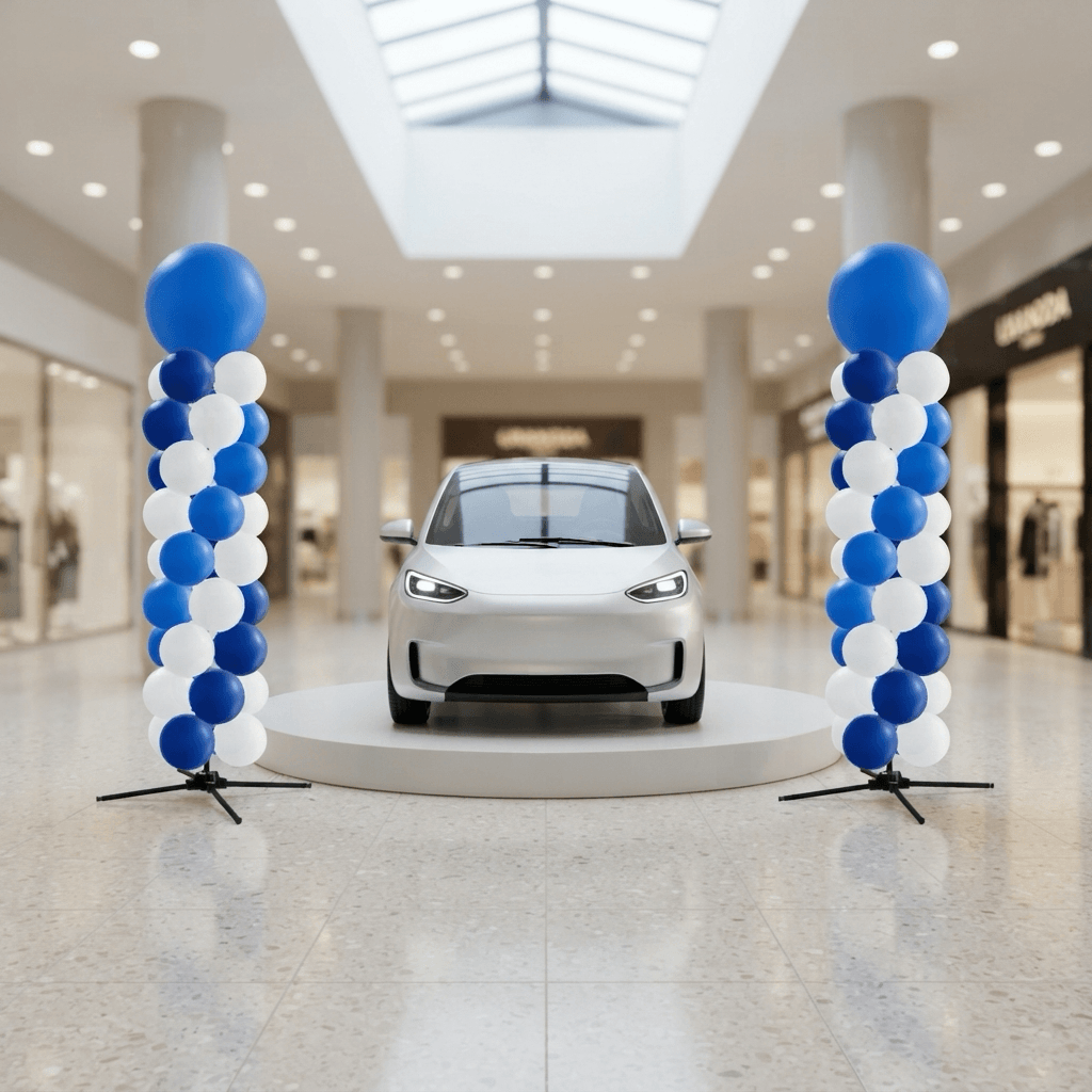 Zwei blau-weiße Ballonsäulen mit Kopfball neben einem weißen Elektroauto auf einem Podium in einem Einkaufszentrum