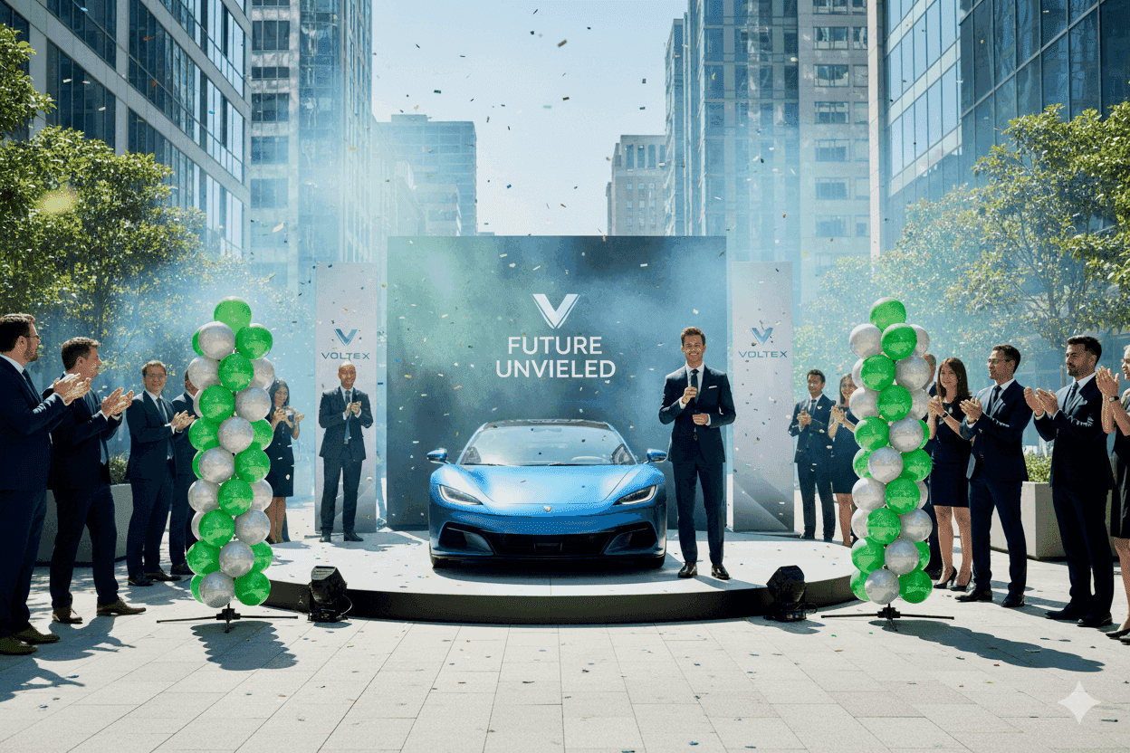 Zwei Ballonsäulen in Markenfarben neben einem neuen Automodell auf einem Podium im Showroom