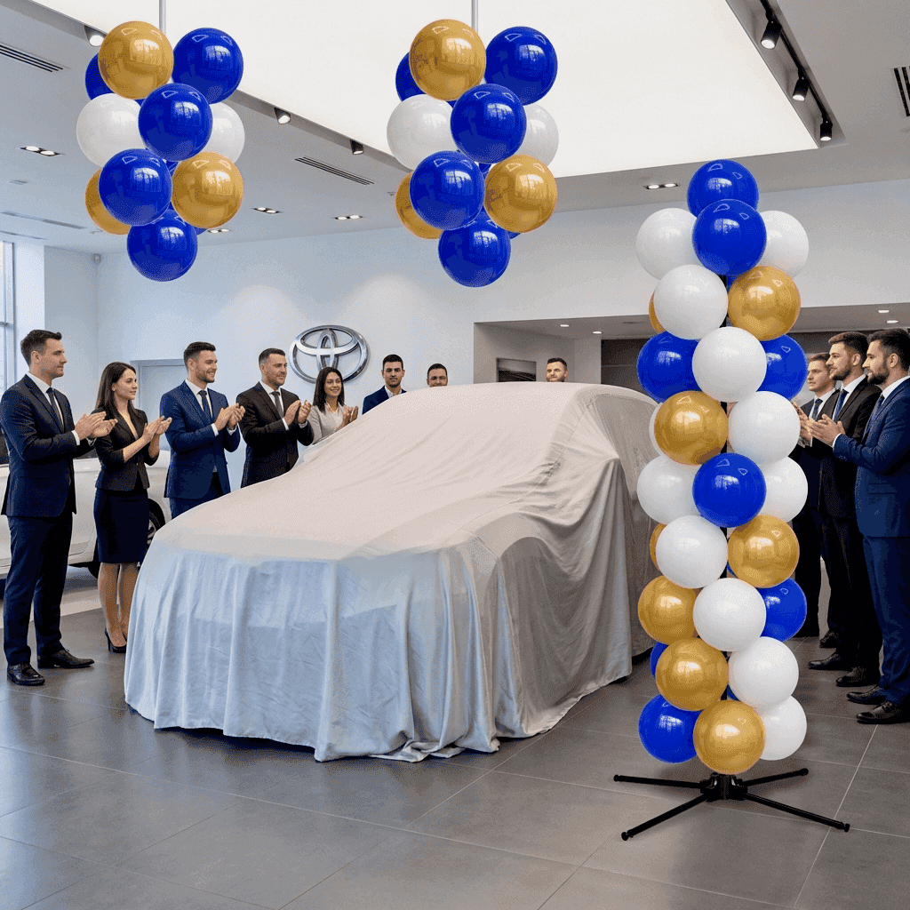 Ballonsäulen in Markenfarben neben einem neuen Auto auf einem Podium im Autohaus