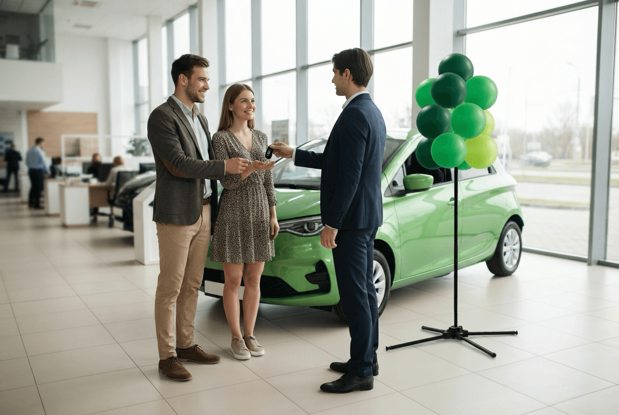 Verkäufer übergibt einem Paar den Autoschlüssel neben einem grünen Elektroauto und einer grünen Ballontraube im Showroom