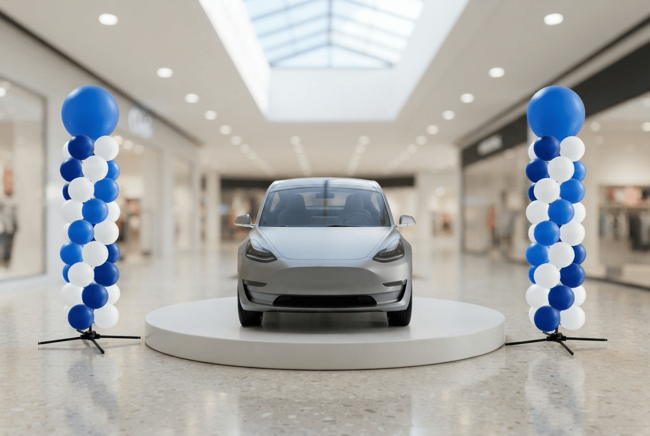 Zwei Ballonsäulen mit Kopfball in Blau und Weiß neben einem silbernen Elektroauto auf einem runden Podium