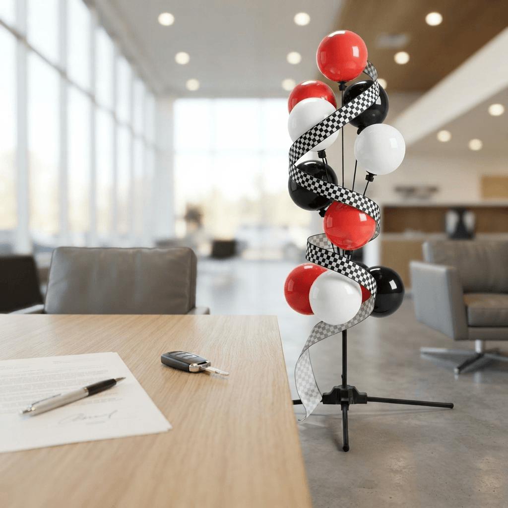 Unterschriebener Vertrag mit Stift und Autoschlüssel auf einem Schreibtisch, daneben eine rot-schwarz-weiße Ballontraube mit kariertem Band