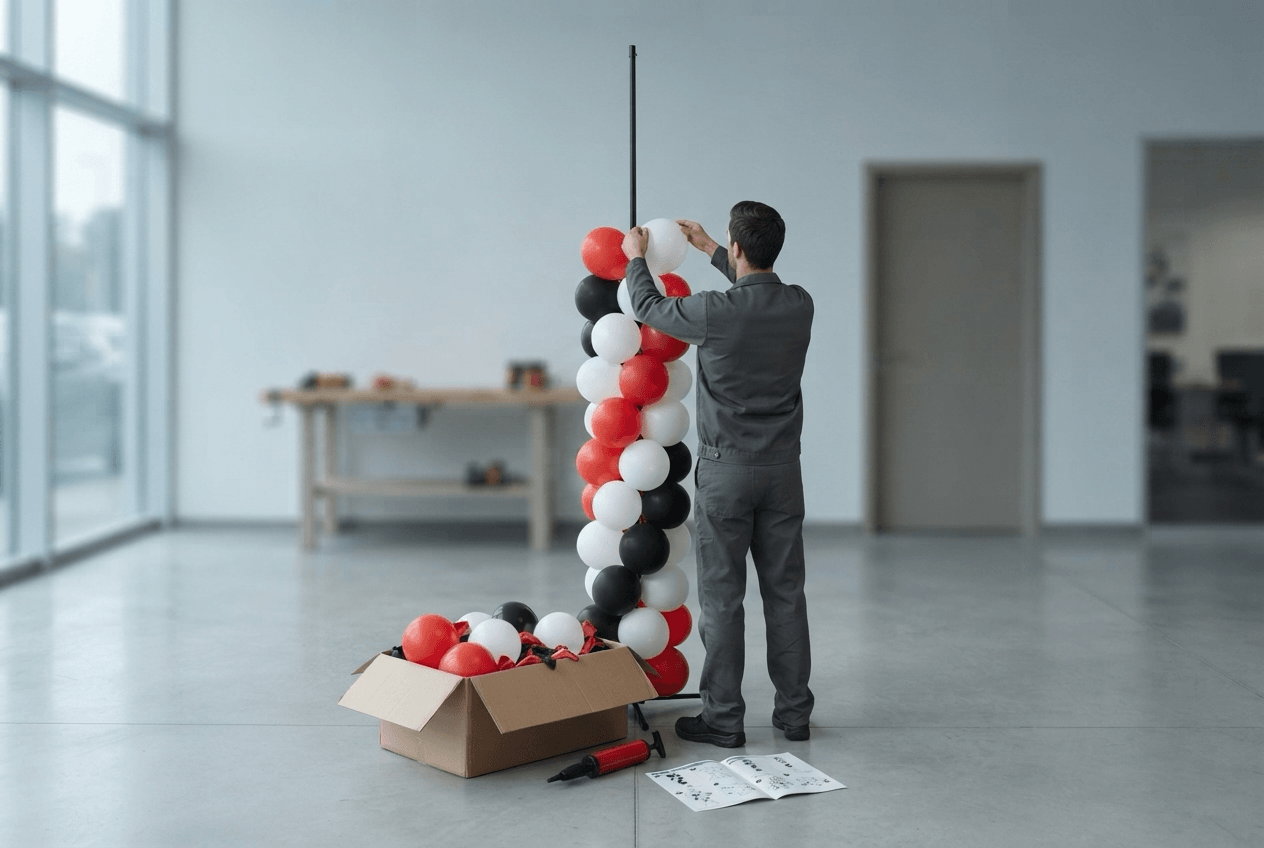 Ein Mitarbeiter baut eine Ballonsäule in Rot, Schwarz und Weiß auf, mit Karton und Anleitung auf dem Boden