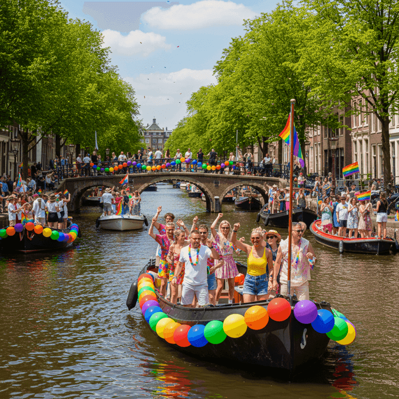 Regenbogen-Ballondekoration auf einem Canal-Pride-Boot in den Amsterdamer Grachten