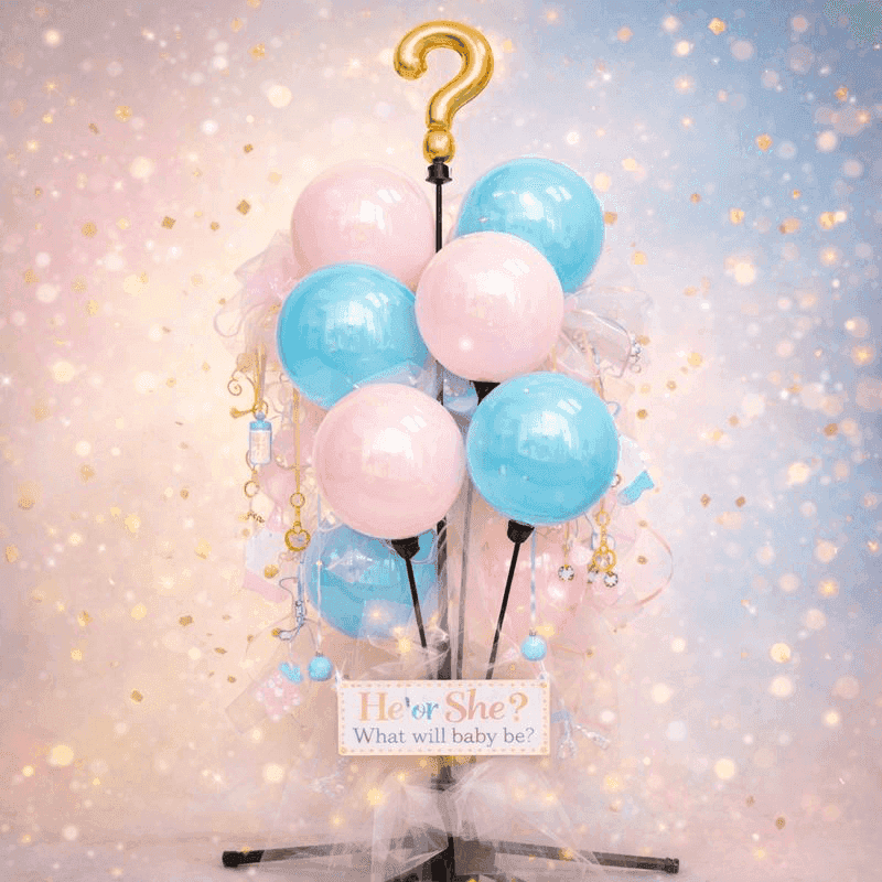 Gender-Reveal-Ballonbrunnen mit rosa und blauen Ballons und einem goldenen Fragezeichen-Topper