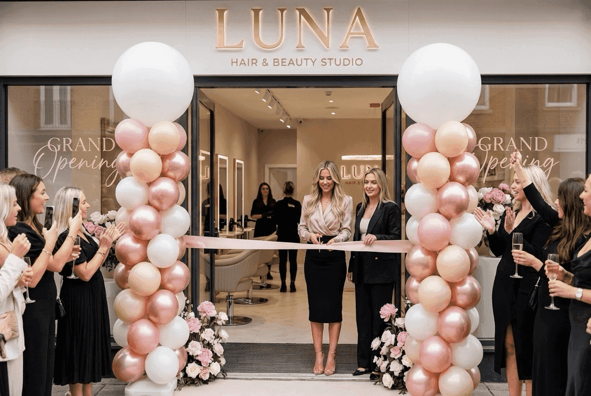 Farbiger Ballonbogen bei der großen Eröffnung eines Friseursalons