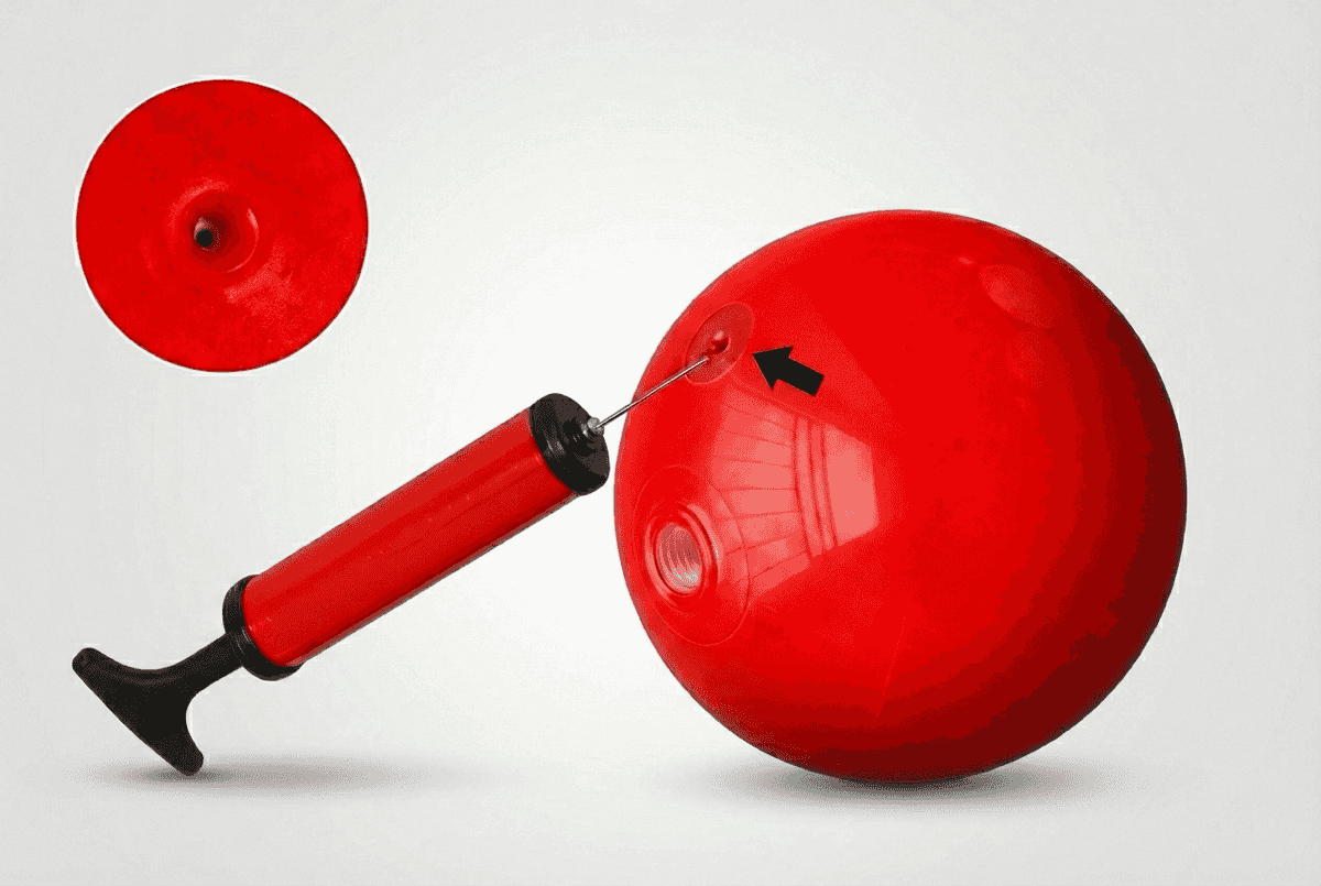 Ballpumpe mit Nadel am Ventil eines roten PVC-Balls, mit Ventildetail