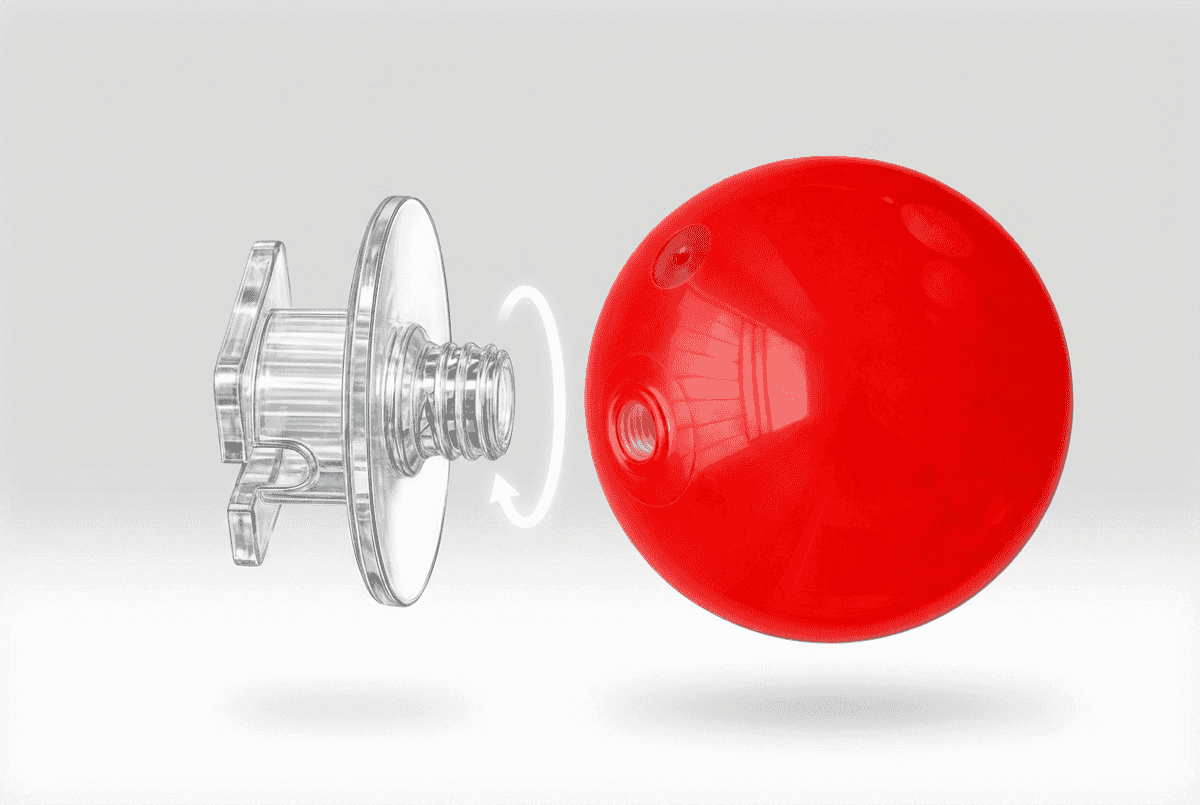 Transparenter DecorModule-Connector wird auf das Gewinde des PVC-Balls montiert