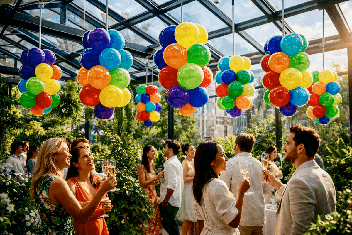 Weiße und grüne Ballondekoration mit botanischen Akzenten für eine Hochzeit