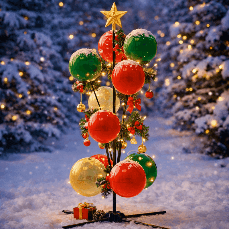 Weihnachtsballonbrunnen in Rot, Grün und Gold mit Stern-Topper in einer winterlichen Schneelandschaft