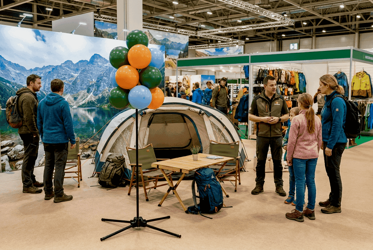 Stehende Ballontraube in Firmenfarben neben Messestand zieht Besucher an