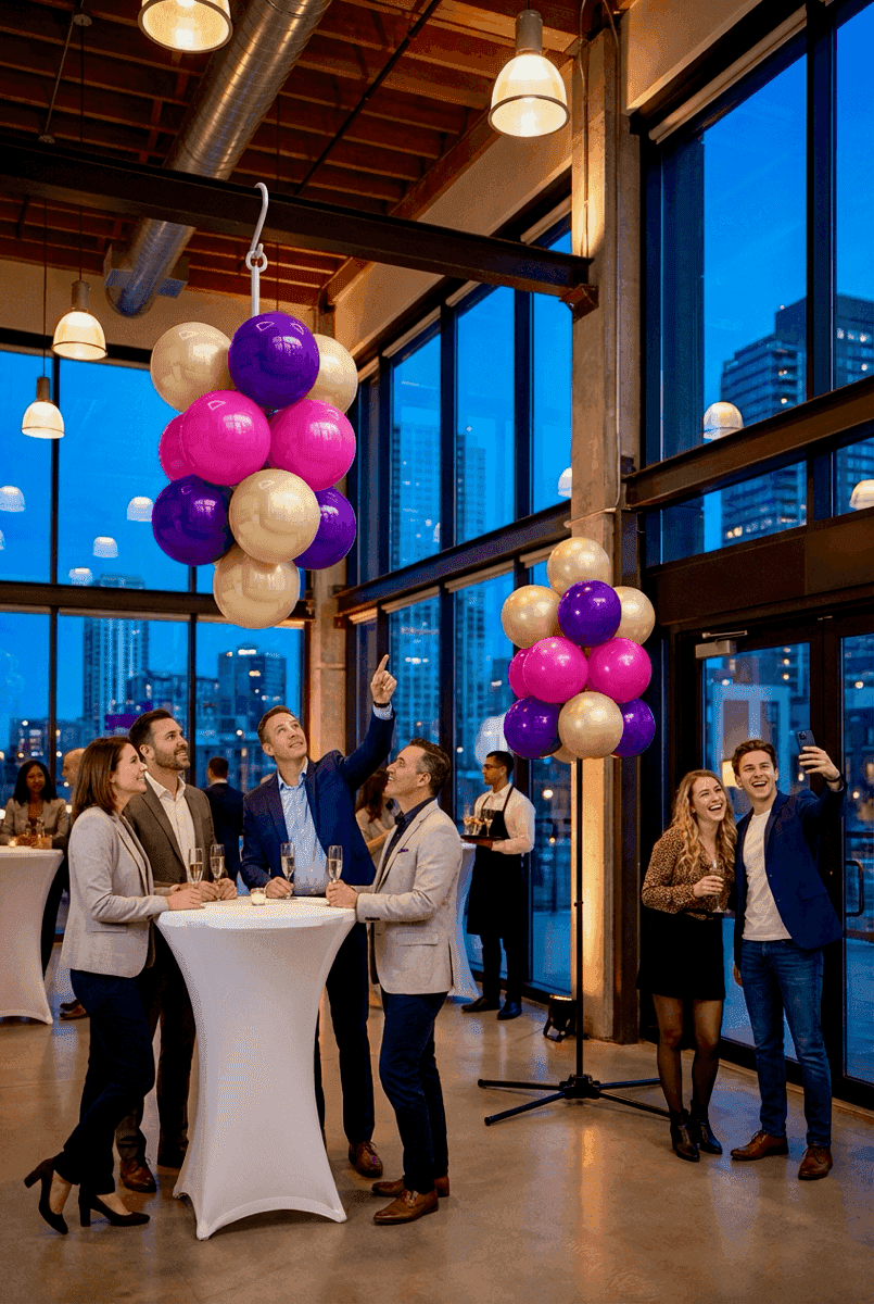 PilaMania Ballontraube in Regenbogenfarben, gezeigt in hängender und stehender Konfiguration