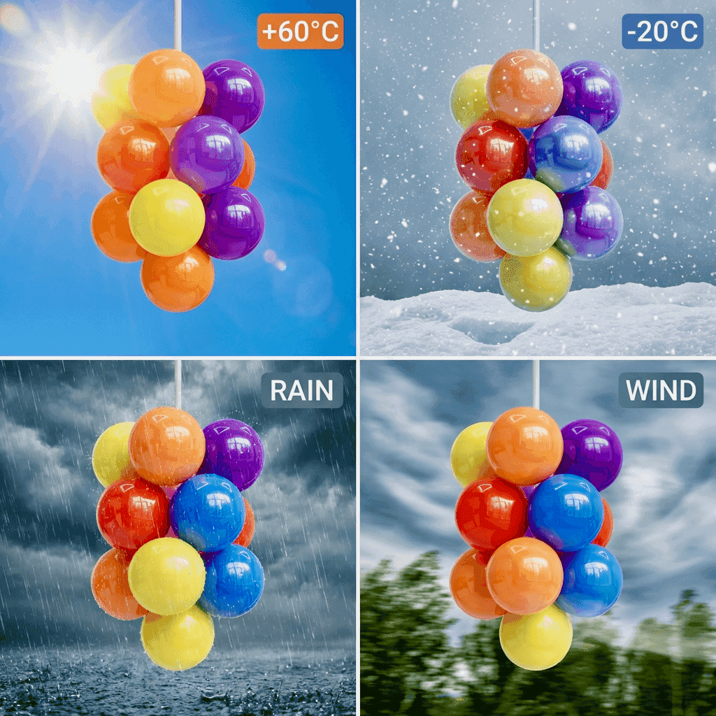 Ballontraube draußen bei verschiedenen Wetterbedingungen