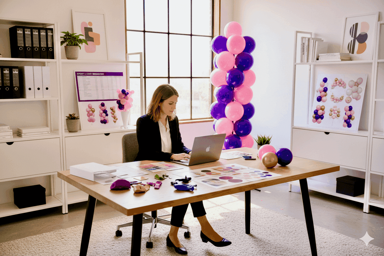 Eventprofi berechnet den ROI einer wiederverwendbaren Ballonsäule, kostensparende Dekoration für mehrere Events