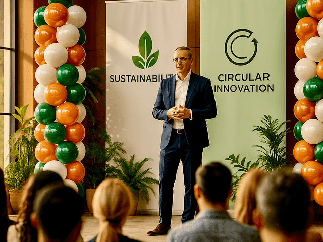 Ballonsäule auf einer professionellen Veranstaltungsbühne während einer Abschlussfeier oder eines Seminars, mit Sprecher und Publikum sichtbar für den Maßstab