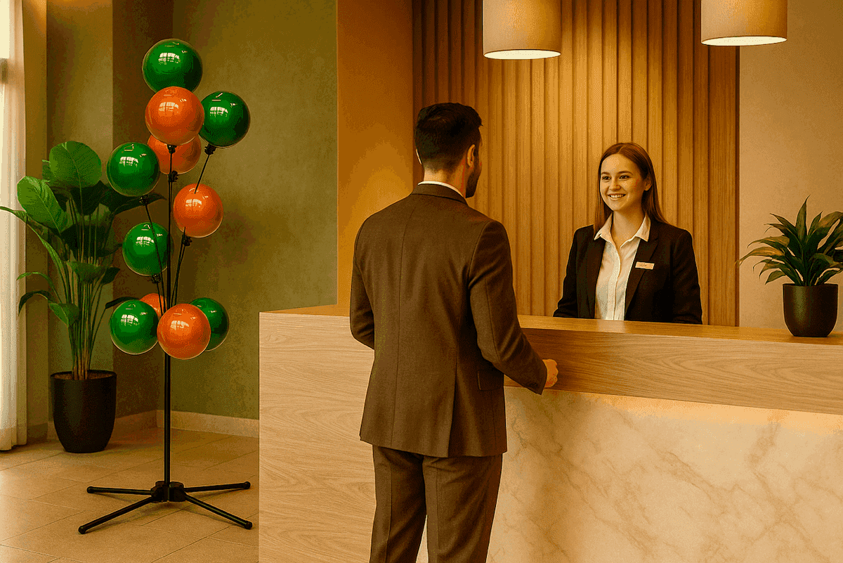Subtiles Ballon Werbedisplay am Empfangstresen für eine professionelle Erst Eindrucksdekoration