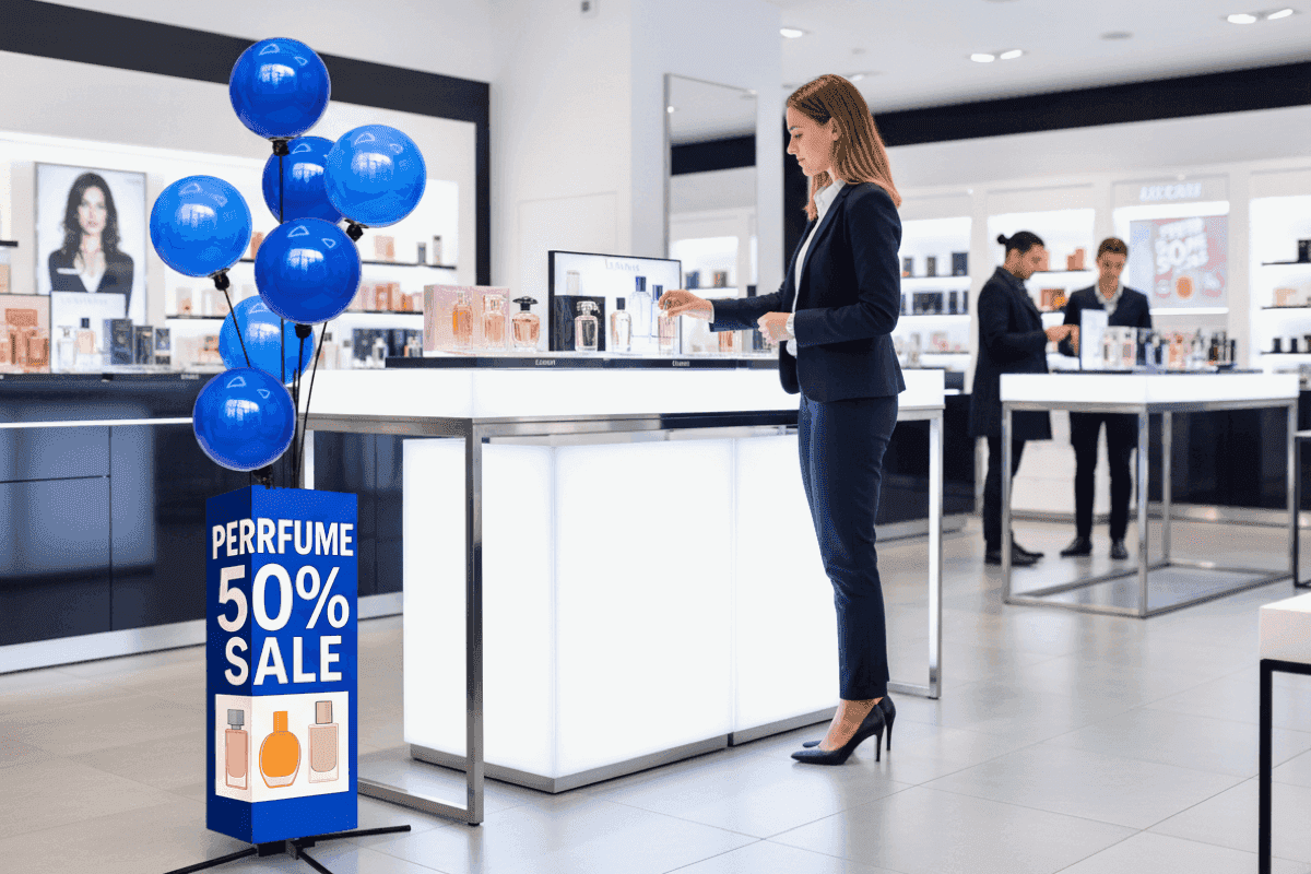 Ballon Werbedisplay als elegante Einzelhandels-Beschilderung bei Produkten, Point-of-Purchase-Dekoration mit mobilem Aufbau