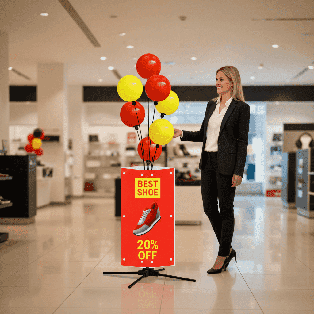 Collage von Profis, die PilaMania Ballon Werbedisplays in verschiedenen Umgebungen verwenden: Einzelhandelsdisplays, Events und Showrooms, zeigt die Transformation zu betrieblicher Ruhe