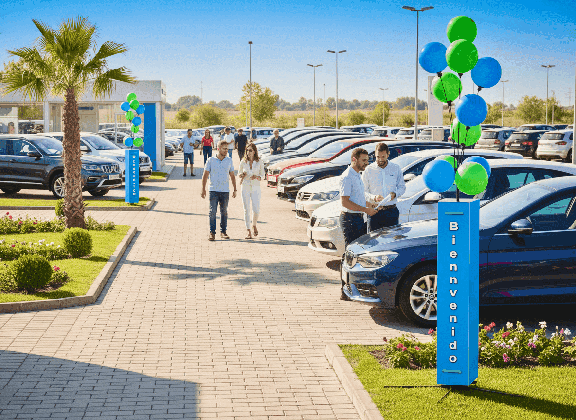 Ein Ballon Werbedisplay steht fest im Freien bei einem Autohändler in der prallen Sonne