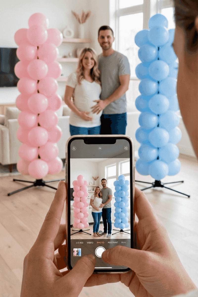 Wunderschönes Instagram-taugliches Foto einer Gender Reveal mit Ballondekoration