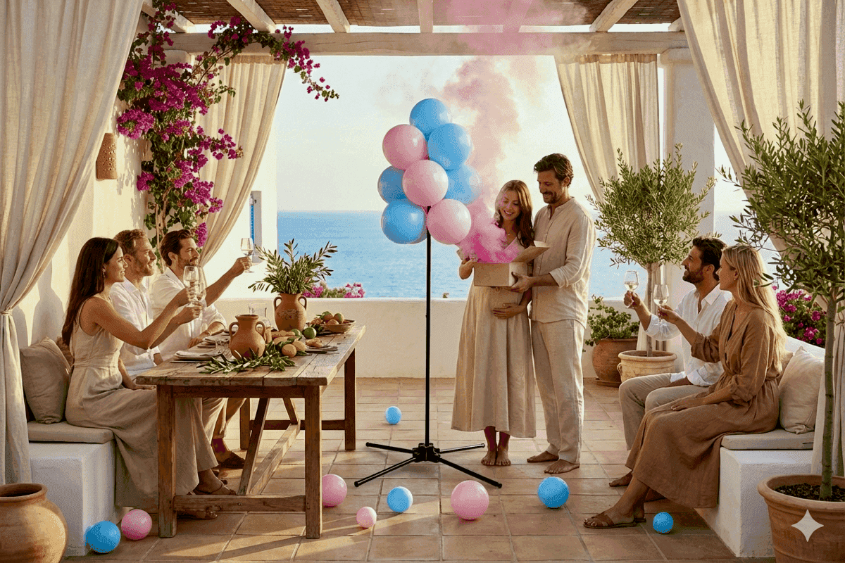 Rosa und blaue Ballondekoration für eine Gender Reveal Party
