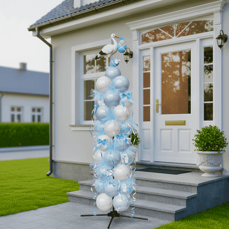Elegante hellblaue Ballonsäule an weißer Haustür als Willkommen für Gender Reveal Gäste