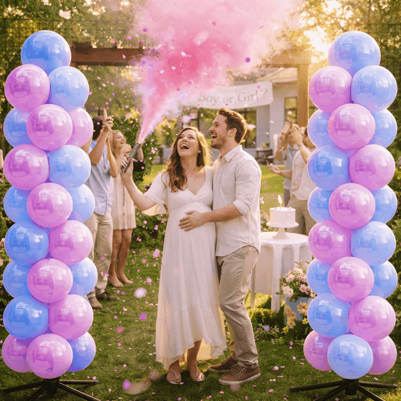 Spektakuläre Gender Reveal mit rosa Rauchkanone und rosa-blauem Ballonbogen im Garten