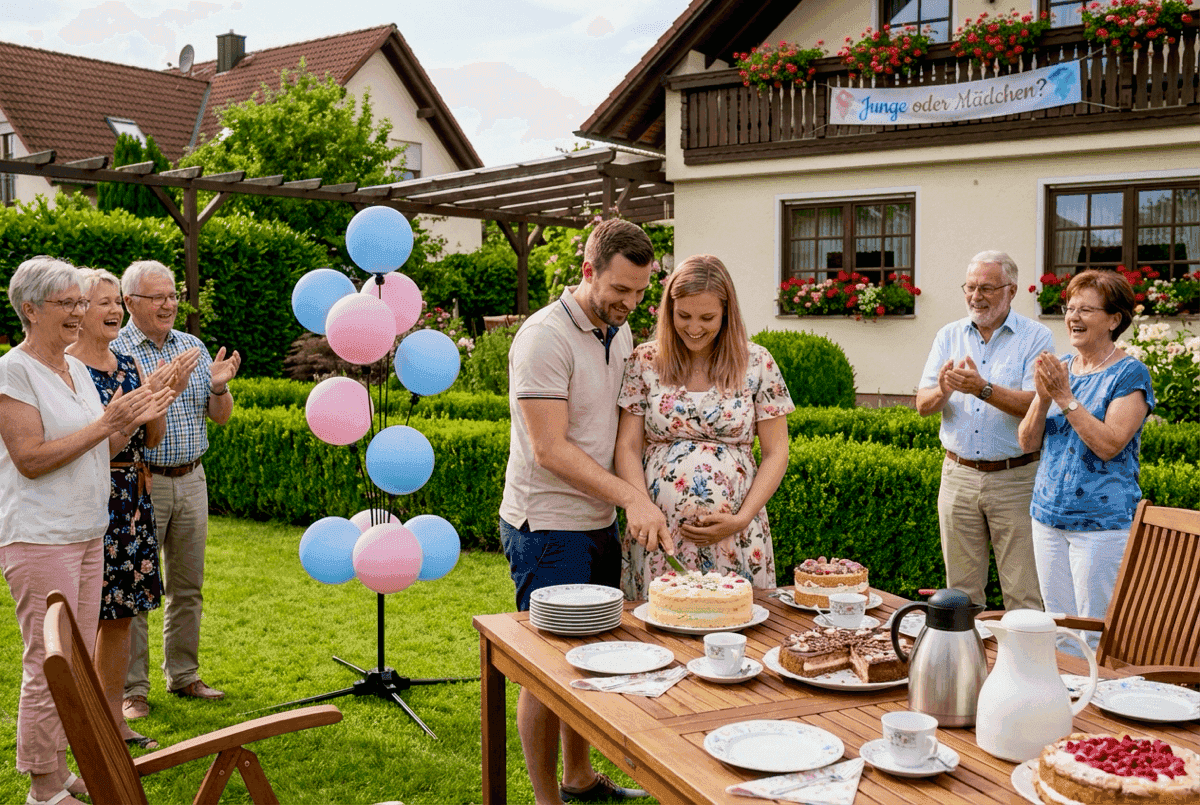 Sommerliche Gender Reveal im Garten mit Ballontraube, applaudierender Familie und Torte