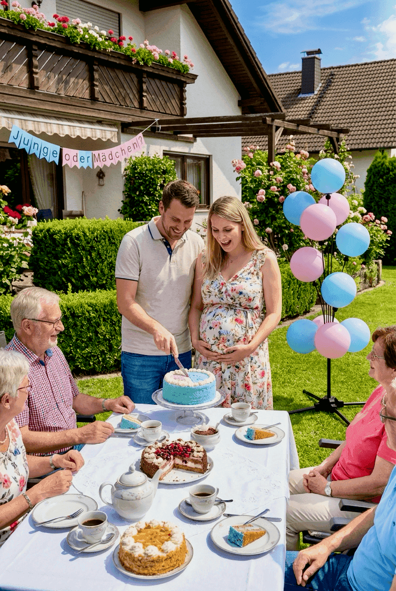 Gender Reveal Kaffeetafel im Garten mit Ballons, Gebäck und glücklichen werdenden Eltern