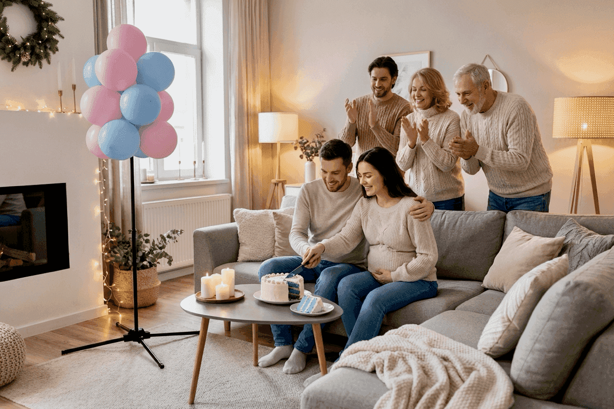 Moderne Gender Reveal im stilvollen Wohnzimmer mit Ballonfontäne und vier Generationen Familie