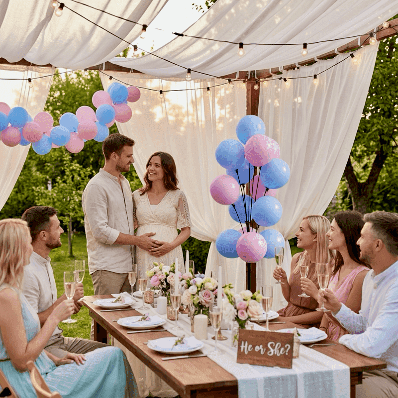 Gender Reveal Gartenparty mit rosa-blauer Ballonfontäne und Lichterketten über langem Tisch