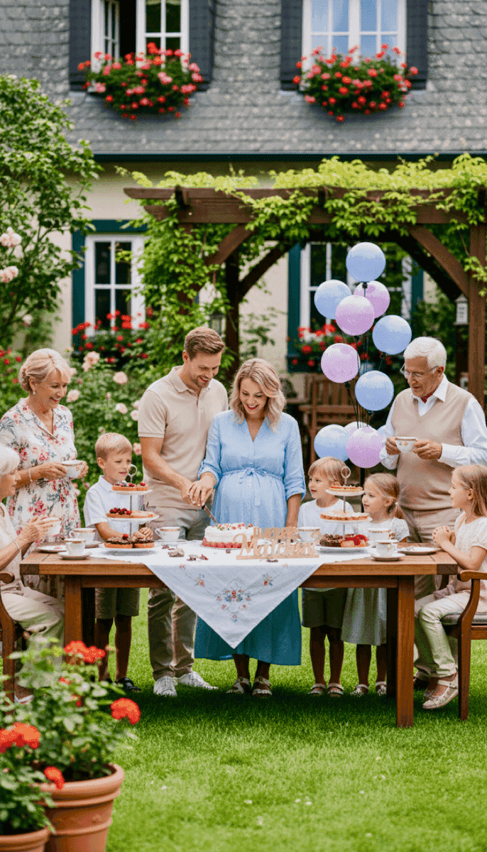 Drei Generationen Familie um Tisch im Garten mit pastellfarbenen Gender Reveal Ballons