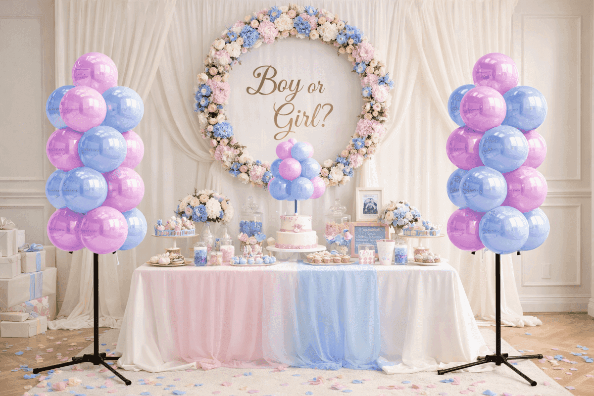 Professioneller Gender Reveal Sweet Table mit zwei Ballonsäulen und Boy or Girl Dekoration