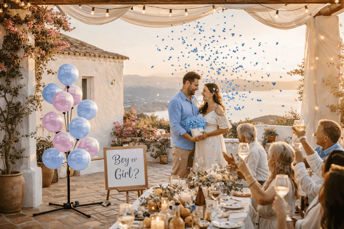 Emotionaler Gender Reveal Moment mit blauer Konfetti-Explosion und Boy or Girl Schild auf Terrasse
